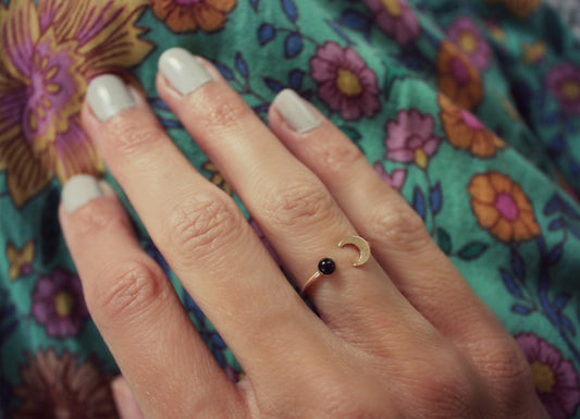 Gold and black Onyx moon stacking ring -skinny gold moon ring, gold moon ring, 14k gold filled ring