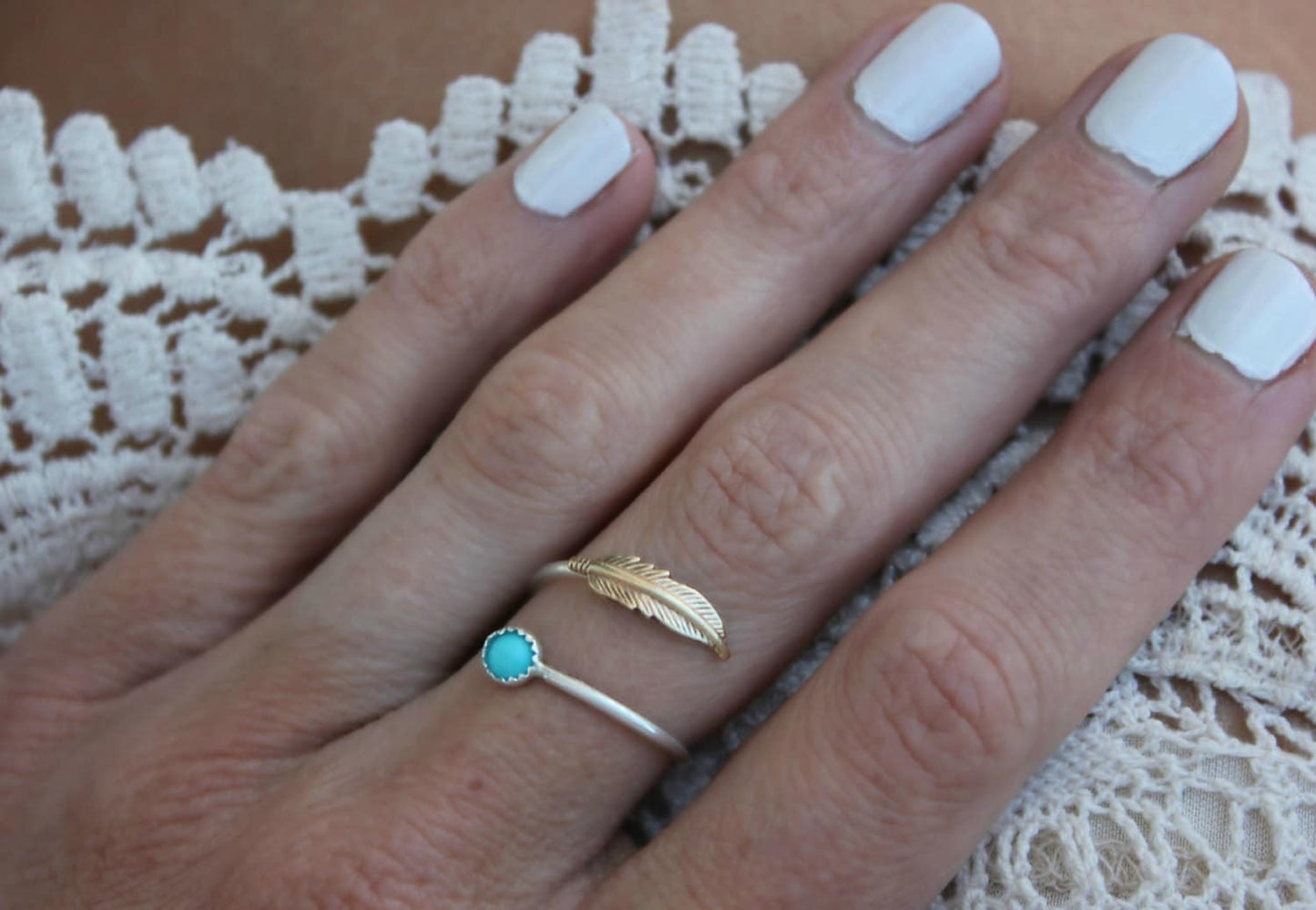 Turquoise ring, feather ring, Sterling silver ring, stacking ring, midi ring, stackable ring