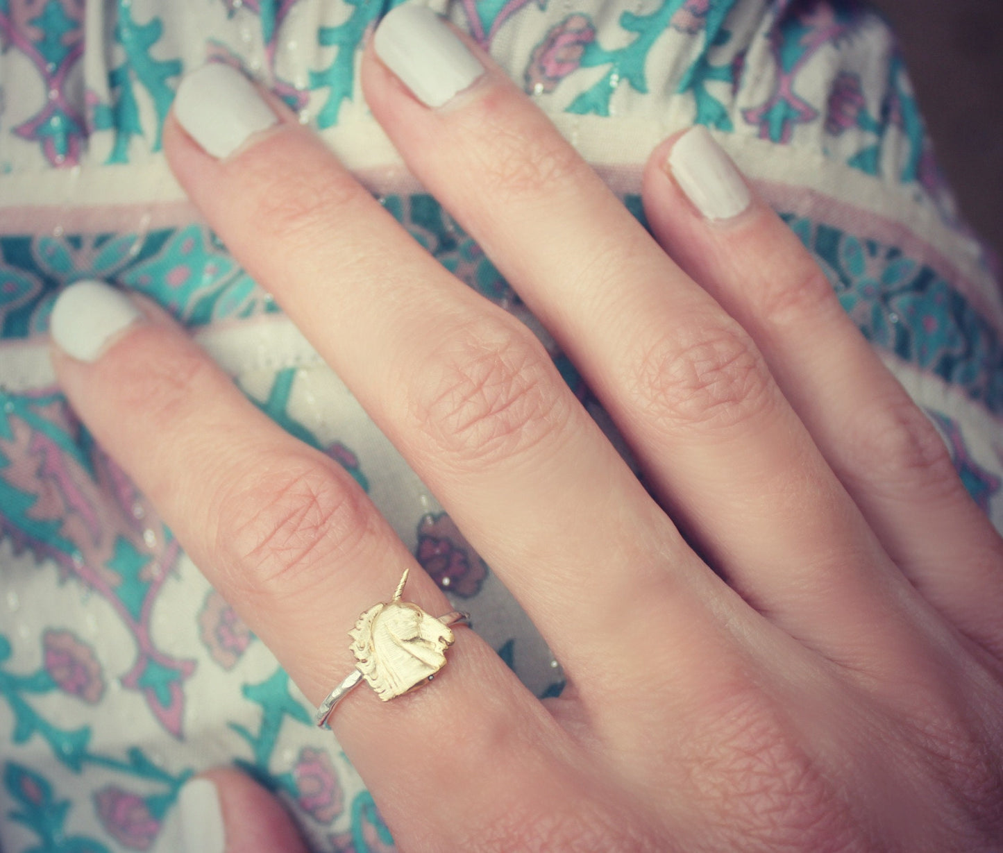 Silver stacking ring, Unicorn ring, Sterling silver stacking ring with brass unicorn