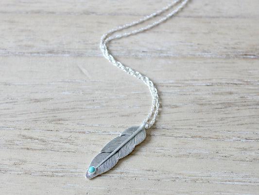 Silver Feather necklace - sterling silver feather with turquoise stone, silver necklace, meaningful jewelry, best friend gift, gift for her