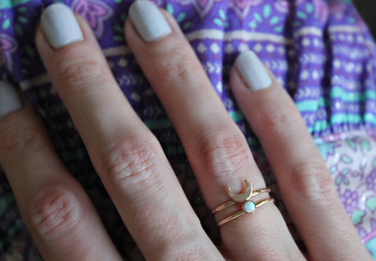 Gold filled crescent moon and opal ring set