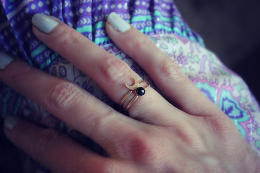 Onyx gemstone and Crescent moon ring set