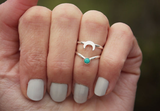 Sterling silver moon and gemstone midi ring set, stacking rings - midi rings, mid finger ring, knuckle ring set, silver rings