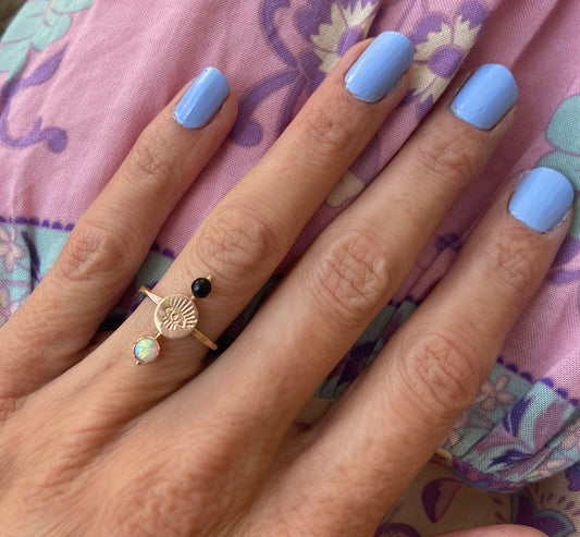 Gold, Opal and Onyx Evil eye ring