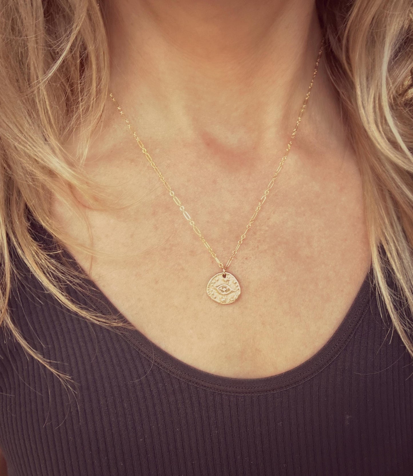 Gold Evil Eye Necklace, Gold filled Chain with ancient bronze cast pendant