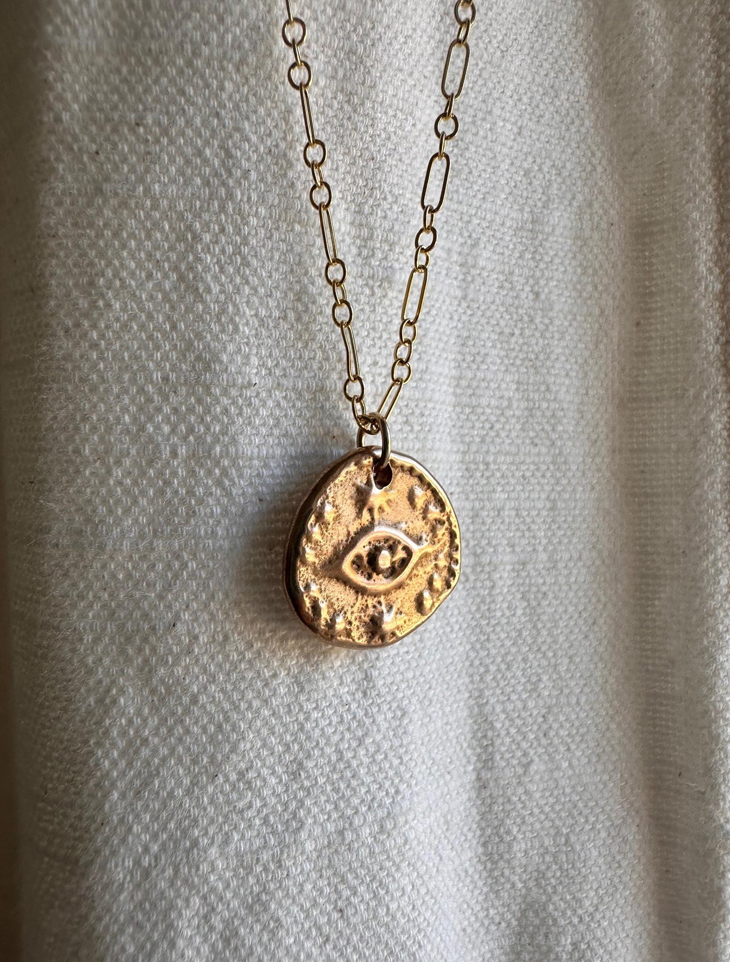 Gold Evil Eye Necklace, Gold filled Chain with ancient bronze cast pendant