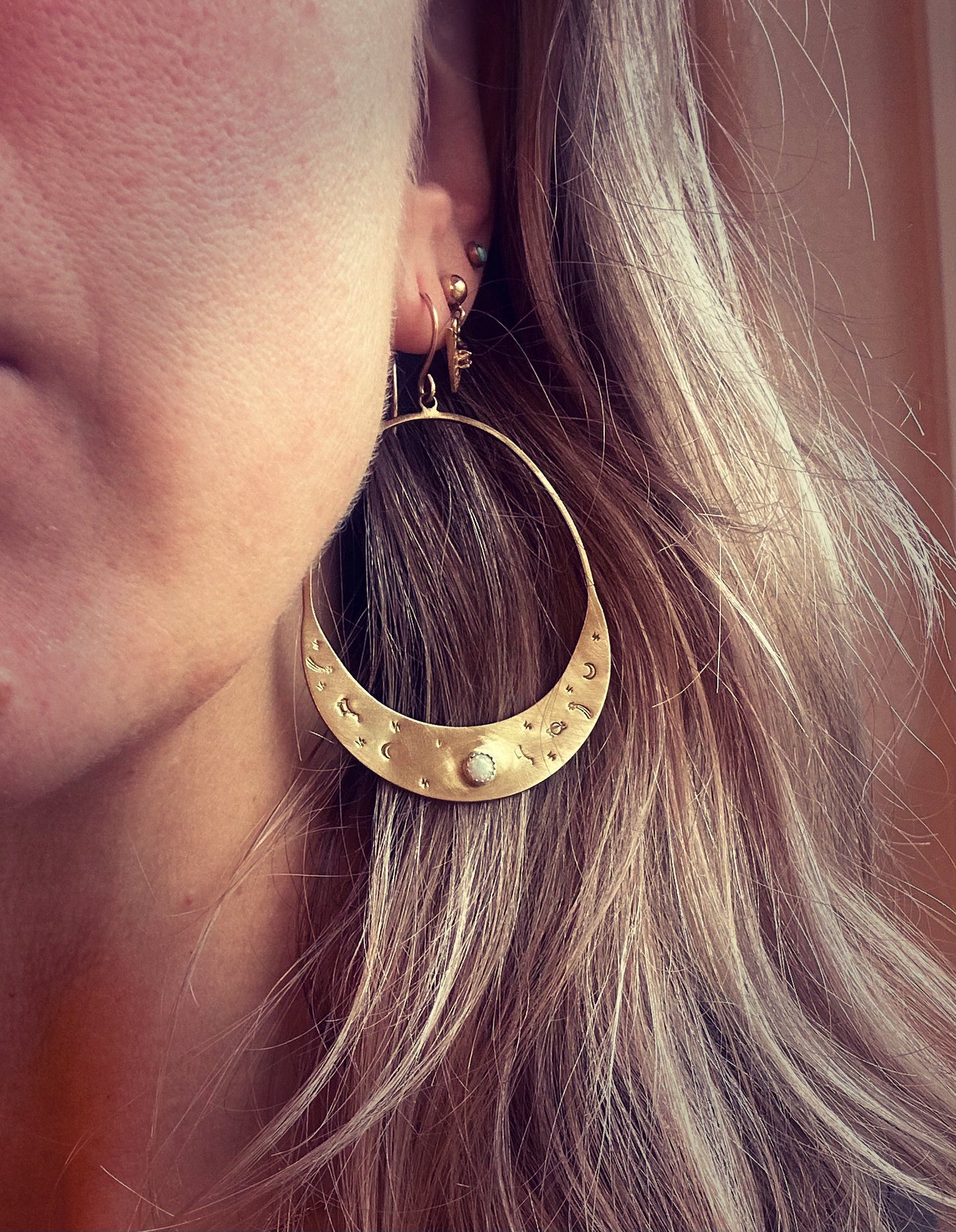 Celestial dangle earrings, boho earrings with opal stone, statement earrings