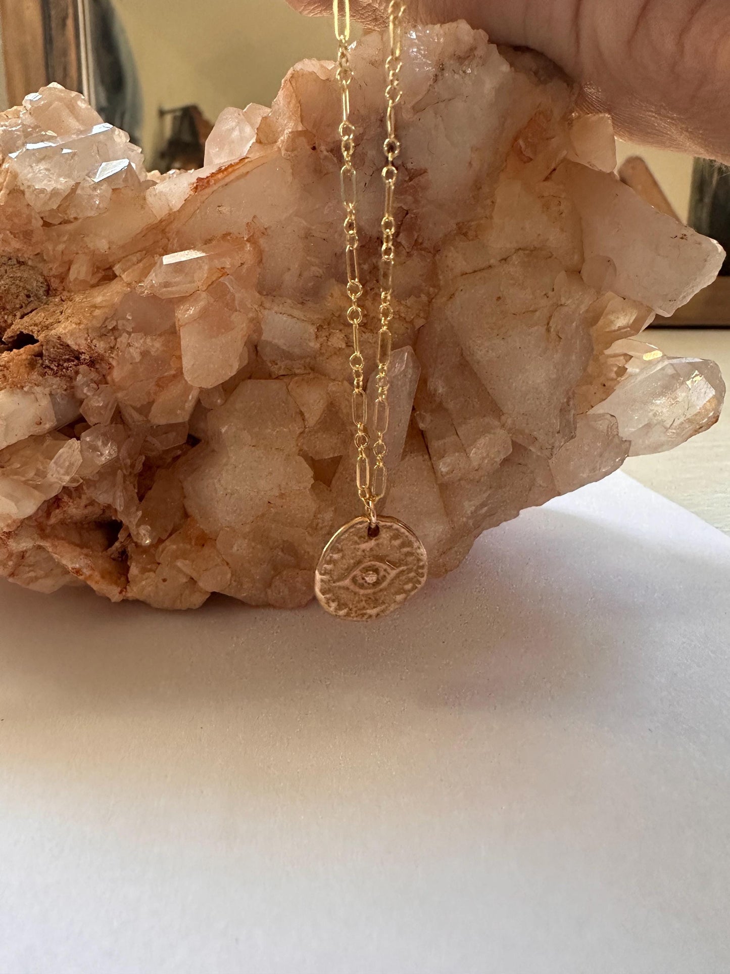 Gold Evil Eye Necklace, Gold filled Chain with ancient bronze cast pendant