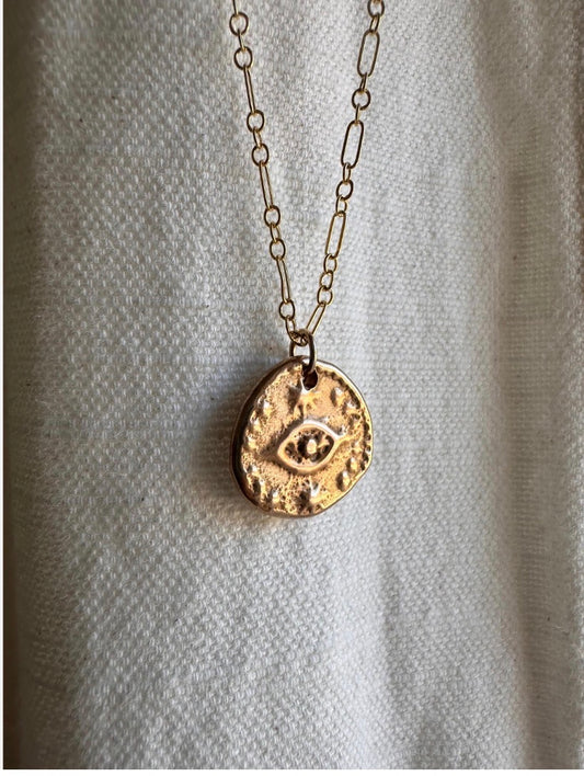 Gold Evil Eye Necklace · Ancient Bronze Pendant on 14k Gold Filled Chain
