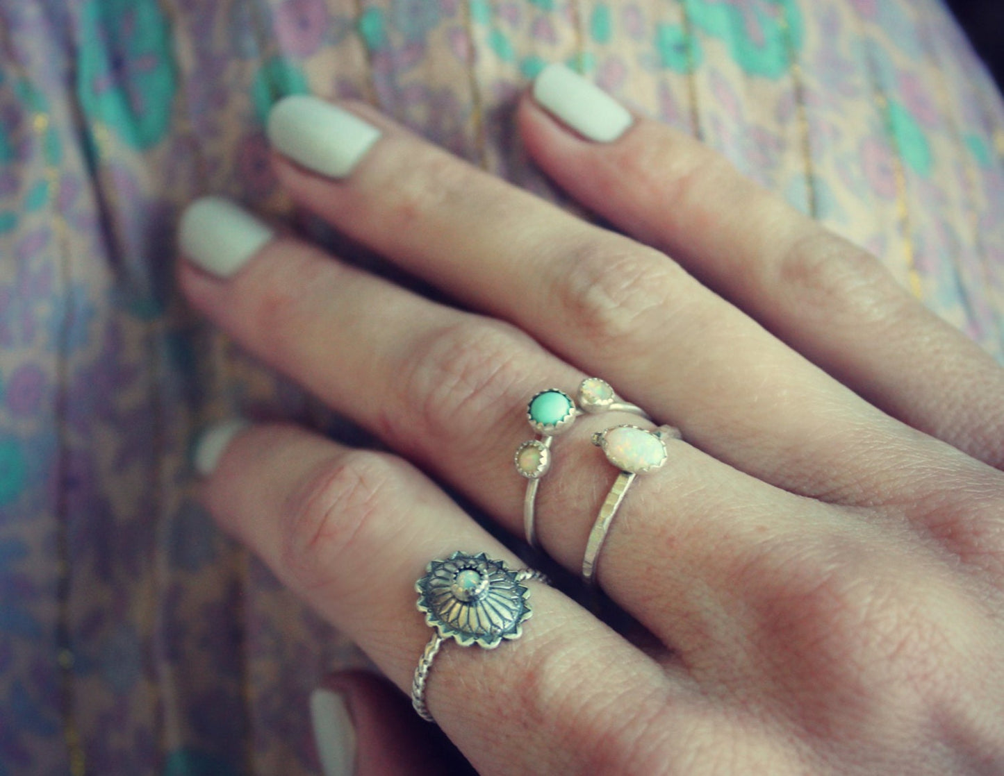 Sterling silver concho ring, opal ring, stacking ring, rope ring, midi ring, stackable ring