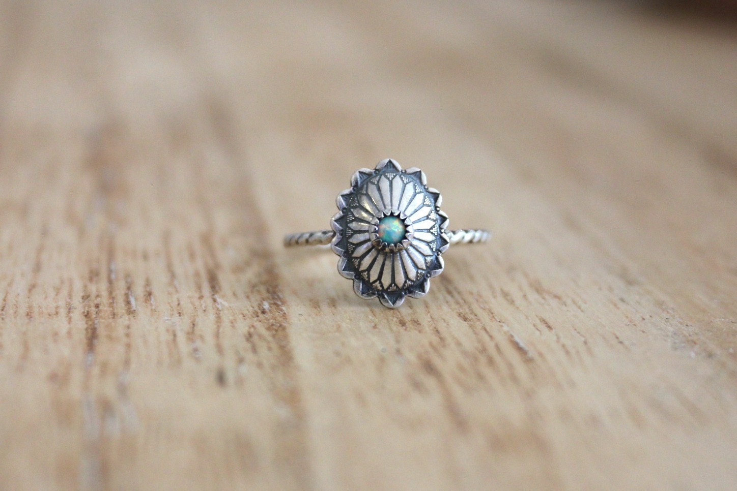 Sterling silver concho ring, opal ring, stacking ring, rope ring, midi ring, stackable ring
