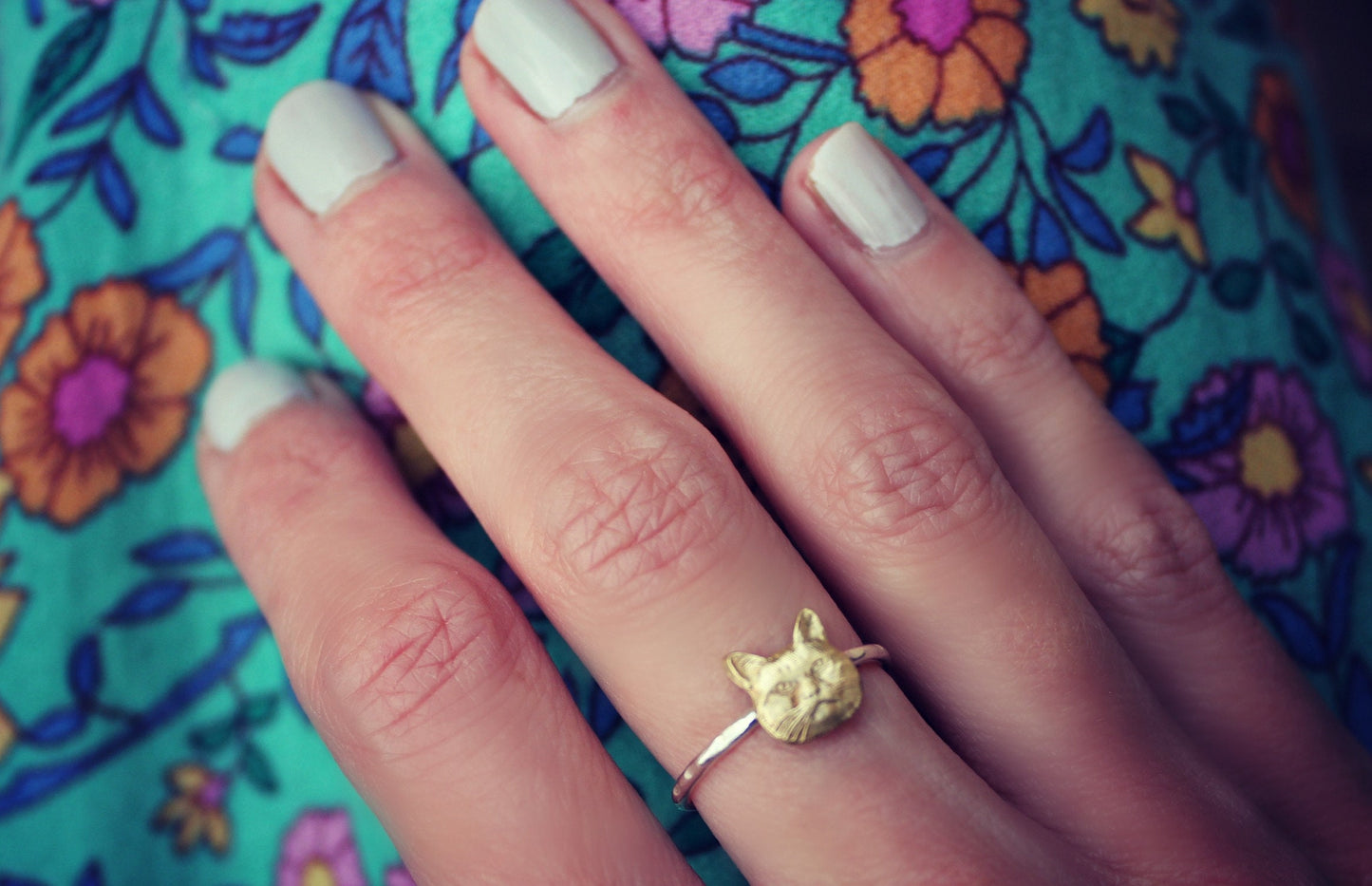 Silver rings, cat rings, Sterling silver stacking ring, Kitty ring, silver ring with brass cat, cat ring, kitty cat ring