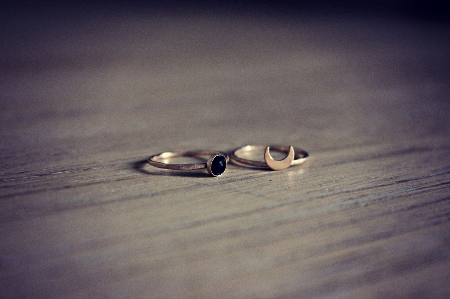 Crescent moon ring, Onyx ring - moon ring set, black gemstone ring, Gold onyx stacking rings - 14k gold filled rings