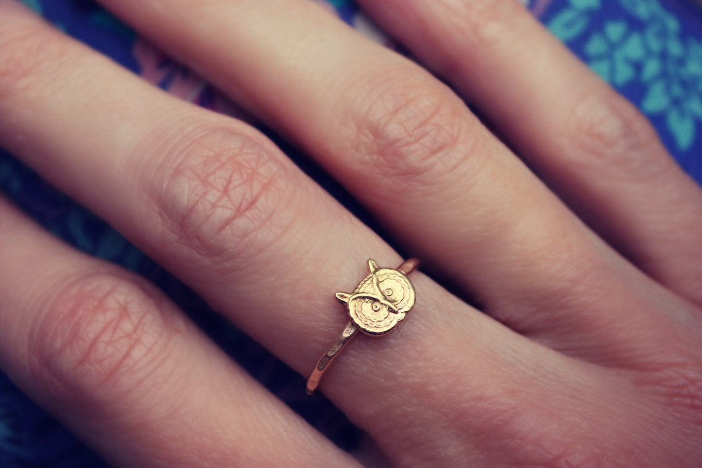 Gold stacking ring, Owl ring, 14k gold fill stacking ring, rustic hammered band