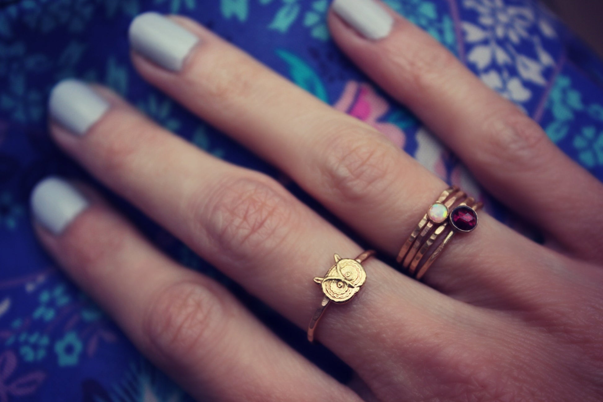 Gold stacking ring, Owl ring, 14k gold fill stacking ring, rustic hammered band