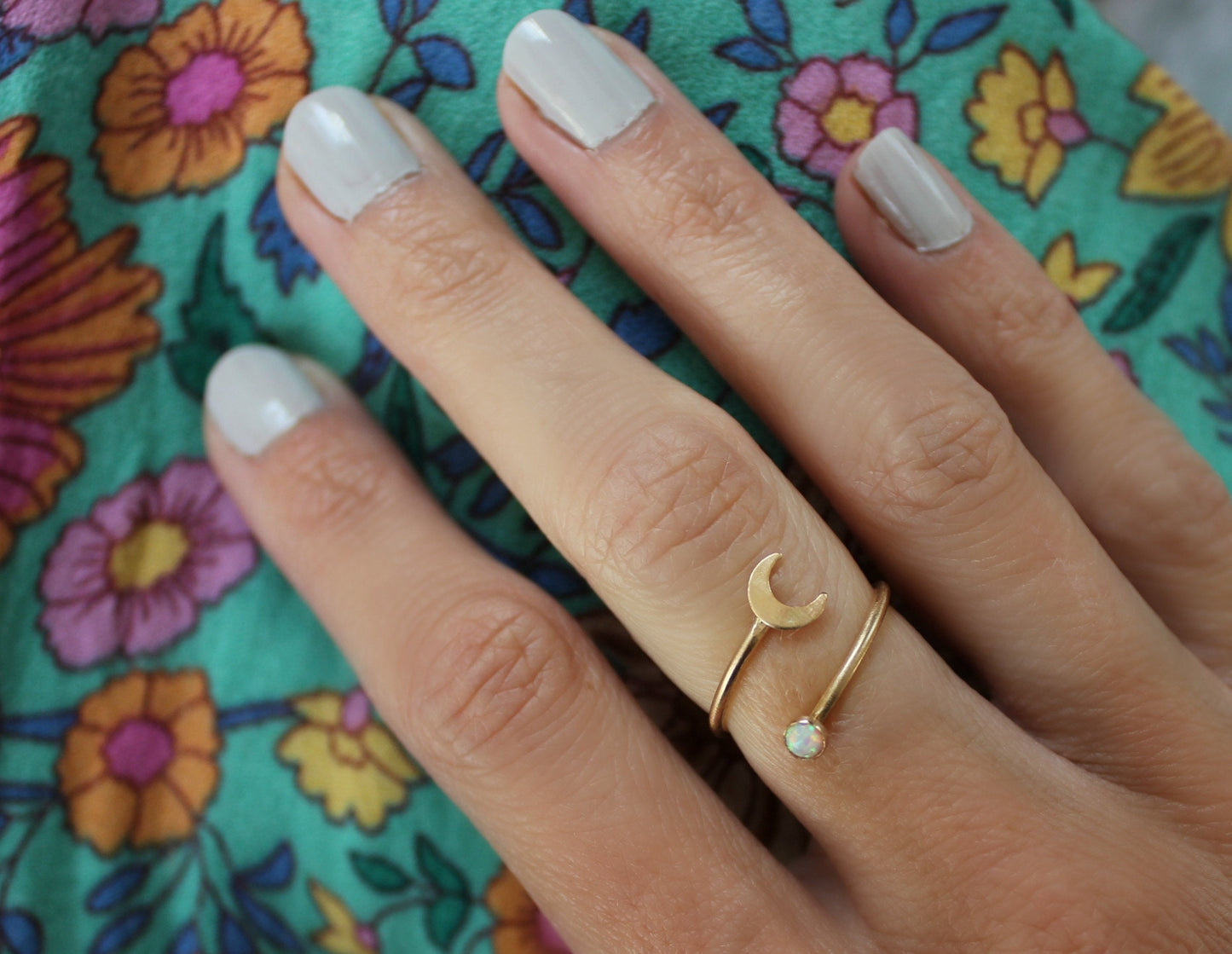 Gold and opal moon  ring -bypass ring, gold moon ring, 14k gold filled ring
