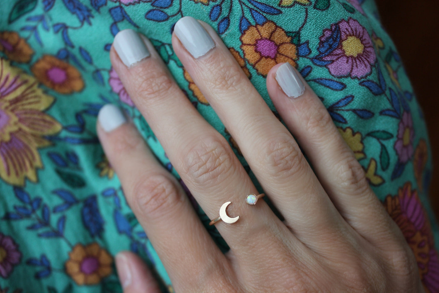 Gold opal moon stacking ring -skinny gold moon ring, gold opal ring, 14k gold filled ring