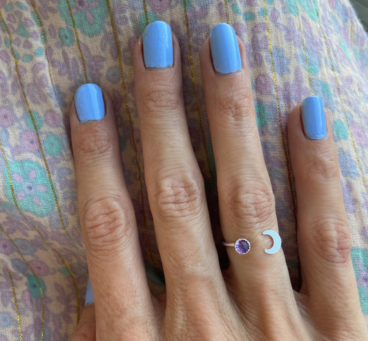 Sterling silver Amethyst moon stacking ring - birthstone ring - skinny silver moon ring,.925 sterling silver ring
