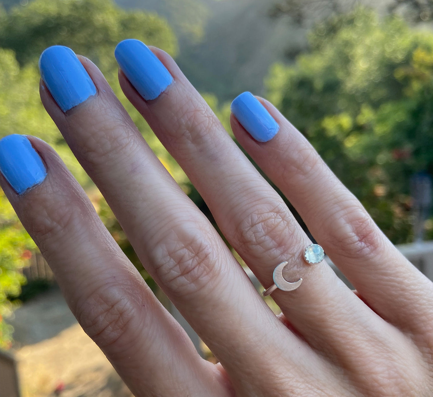 Sterling silver and moonstone moon stacking ring - June birthstone ring - skinny silver moon ring, .925 sterling silver ring