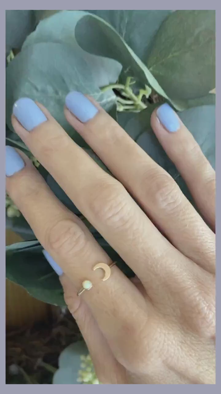 Gold opal moon stacking ring -skinny gold moon ring, gold opal ring, 14k gold filled ring