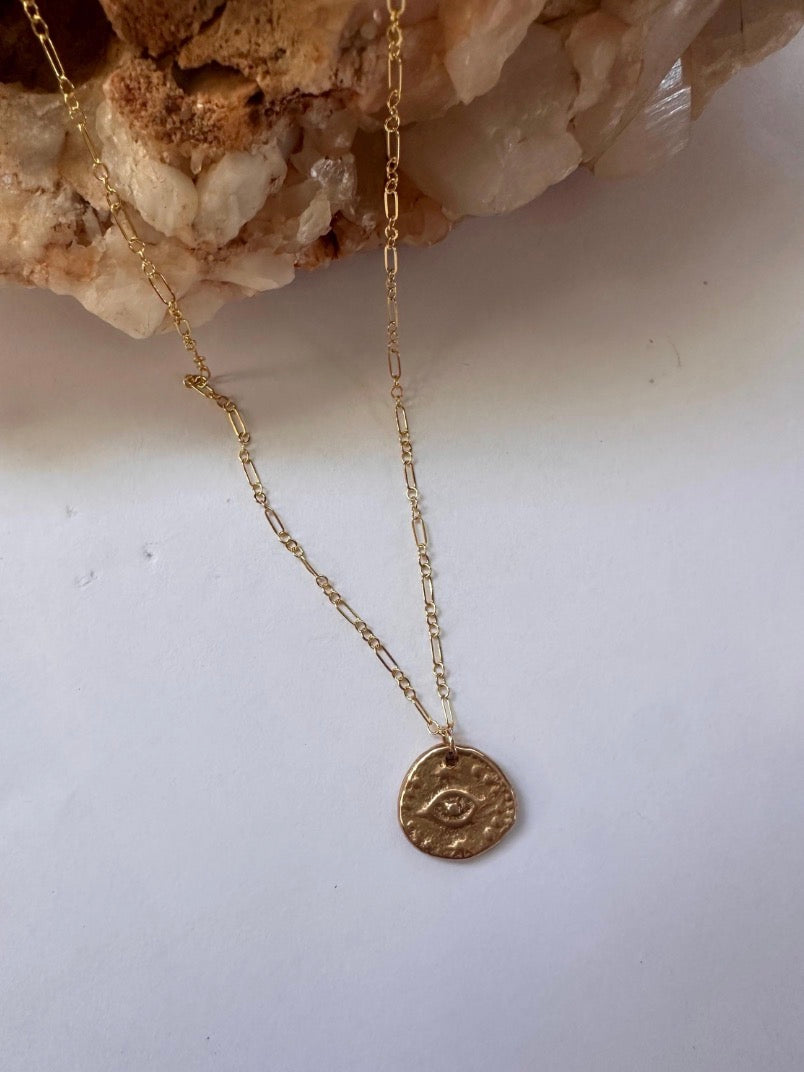 Gold Evil Eye Necklace · Ancient Bronze Pendant on 14k Gold Filled Chain