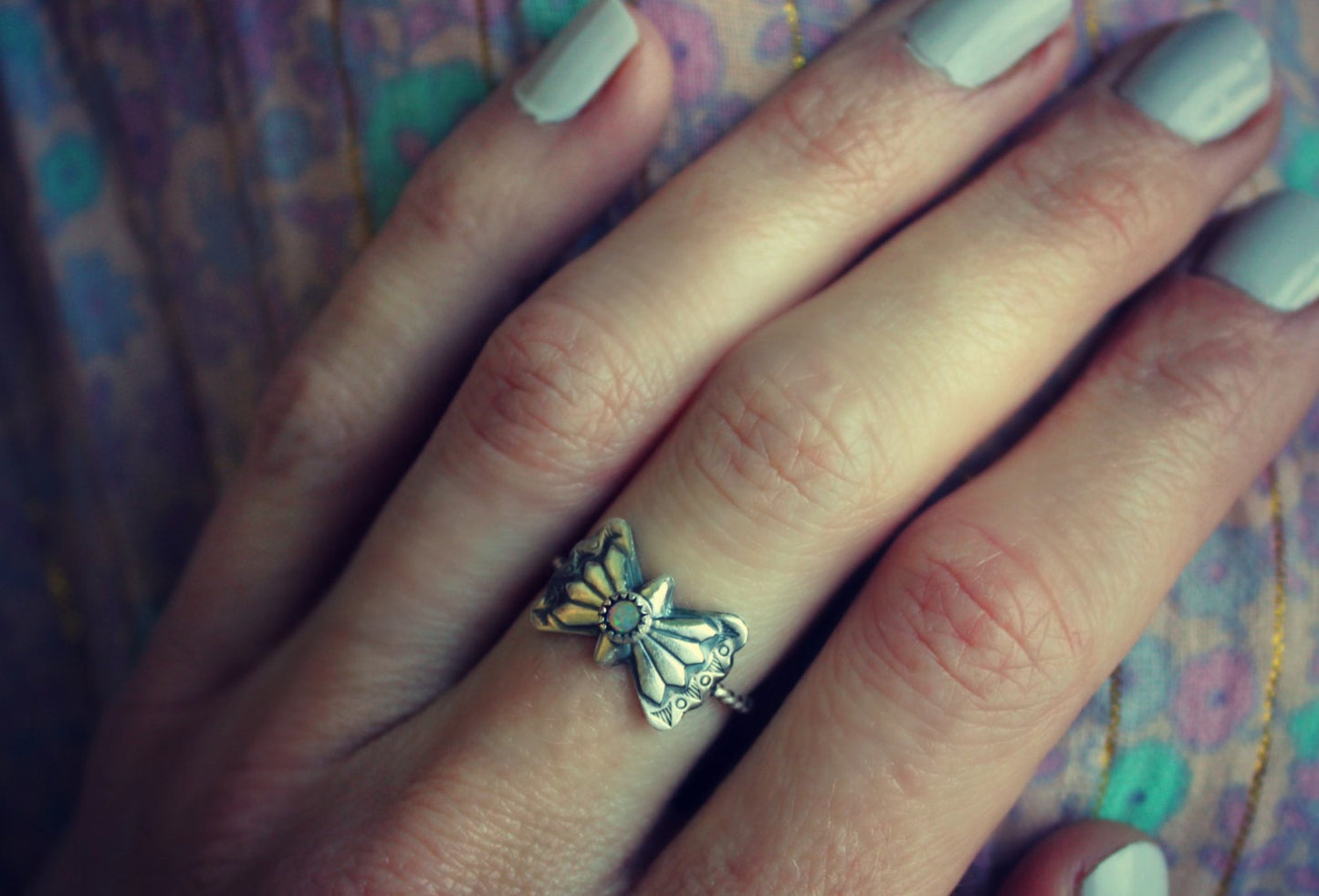 Sterling silver butterfly concho ring, opal ring, stacking ring, rope ring, midi ring, stackable ring