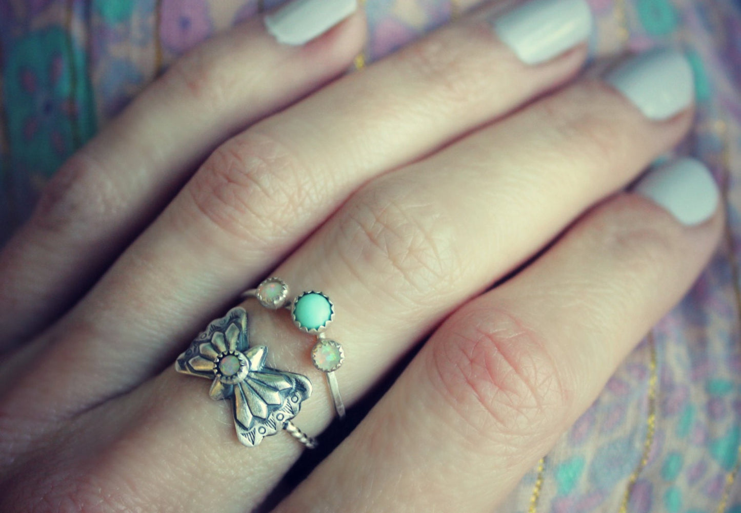 Sterling silver butterfly concho ring, opal ring, stacking ring, rope ring, midi ring, stackable ring