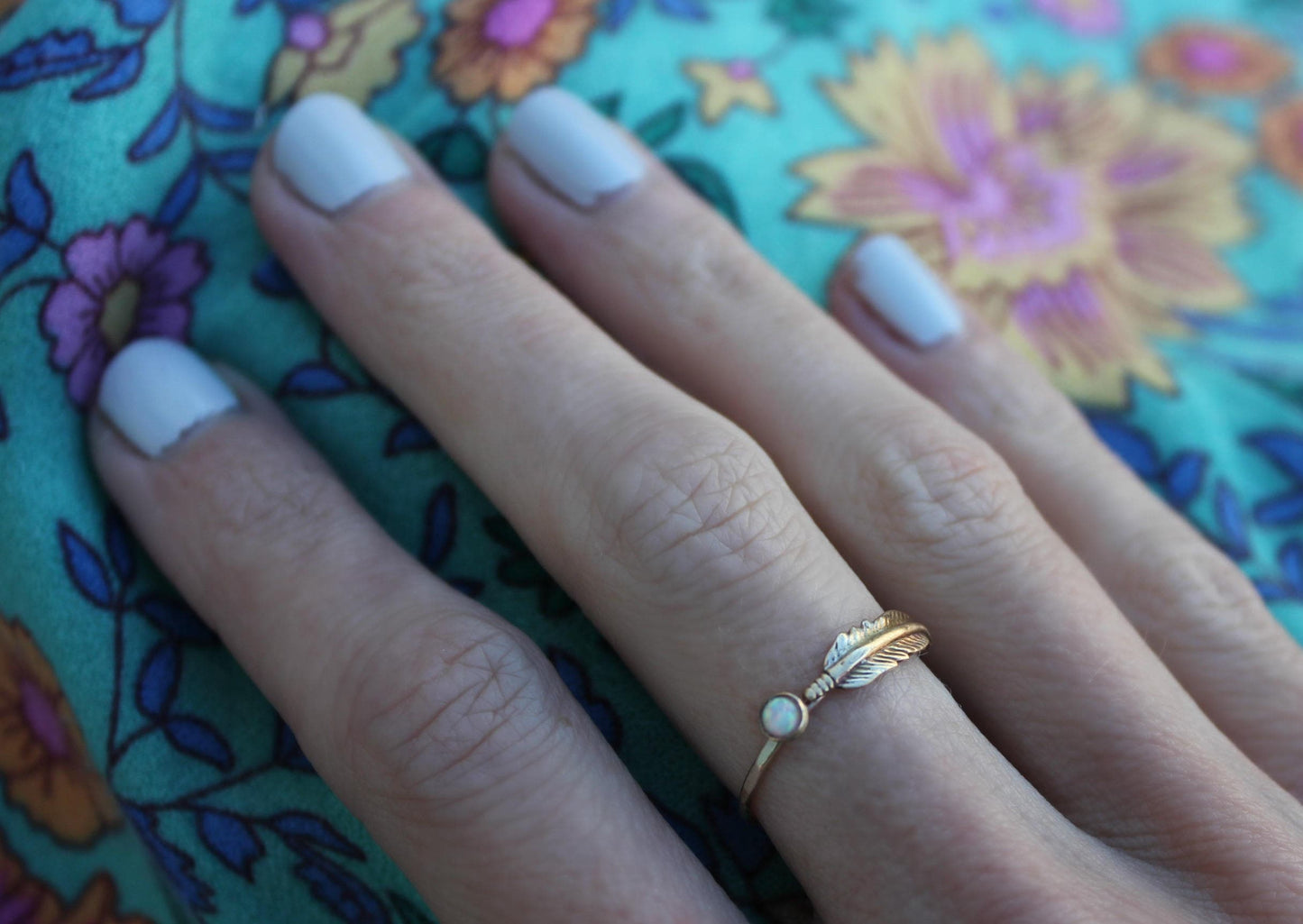 Gold opal feather stacking ring