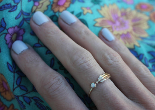 Gold opal feather stacking ring