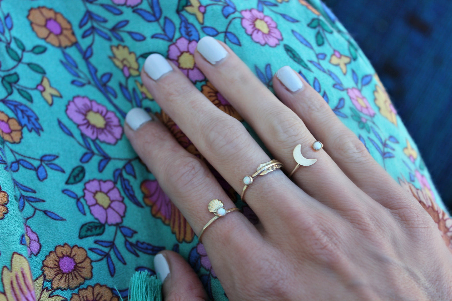 Gold opal feather stacking ring