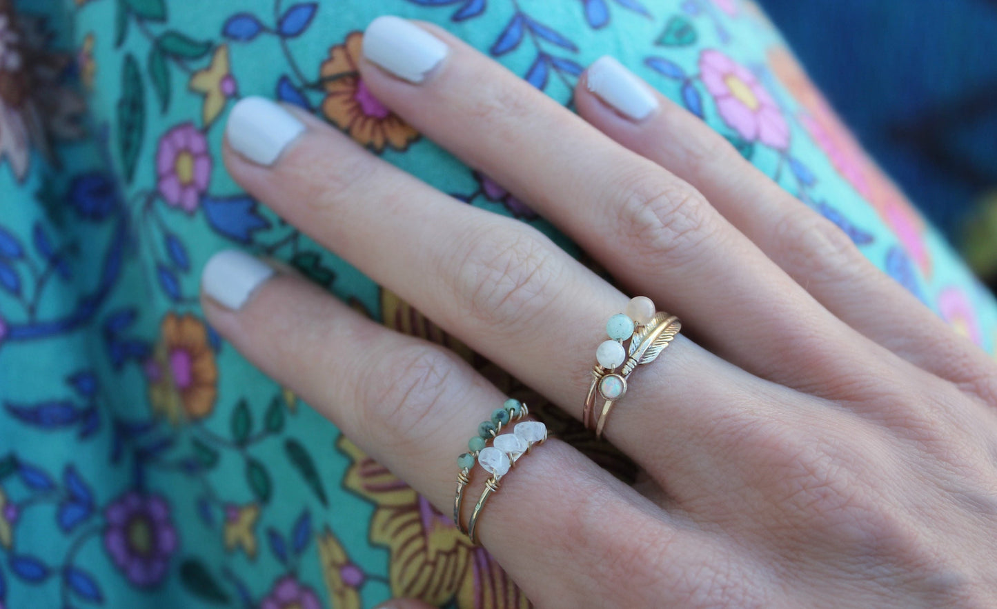 Gold opal feather stacking ring