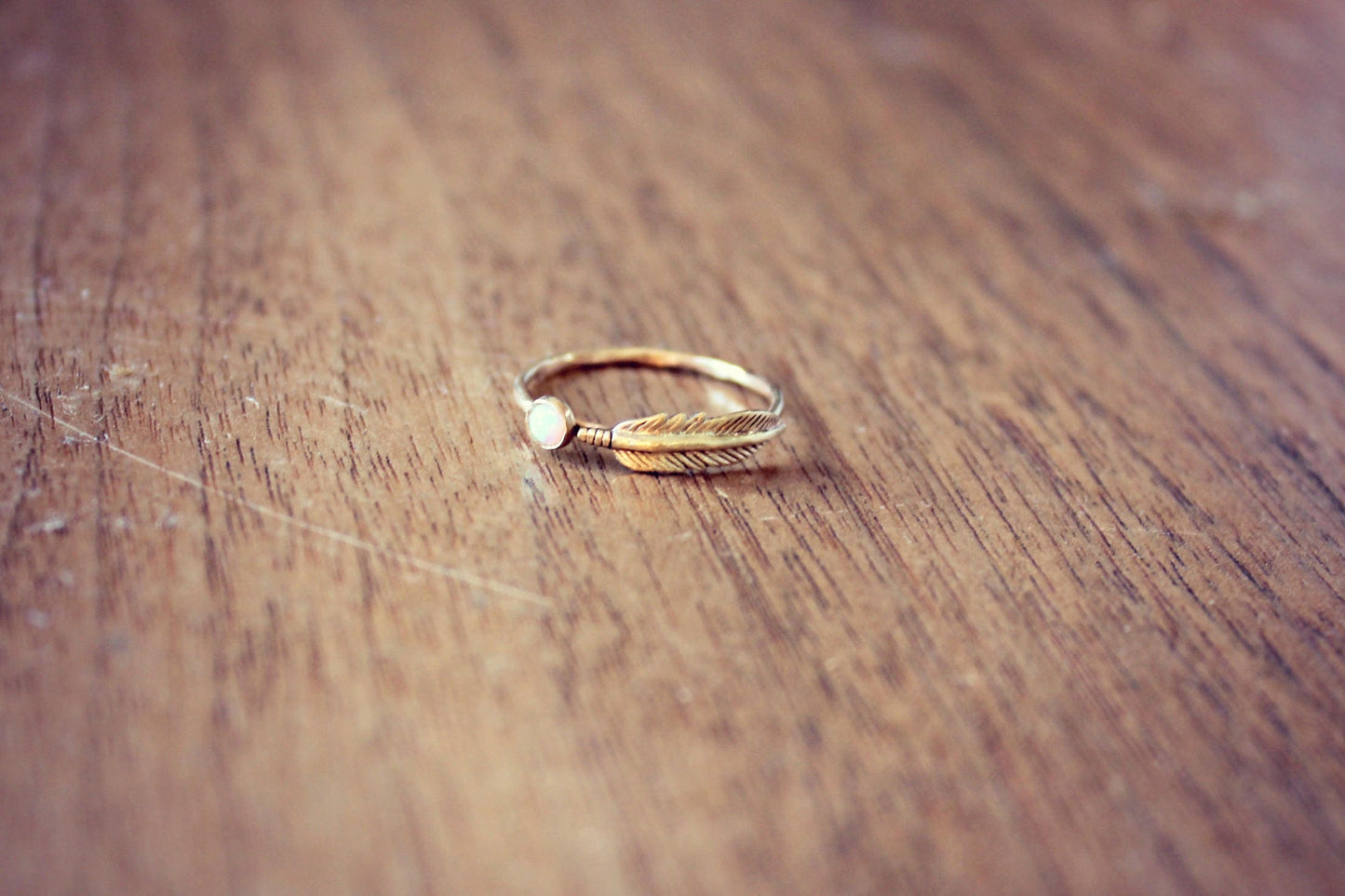 Gold opal feather stacking ring