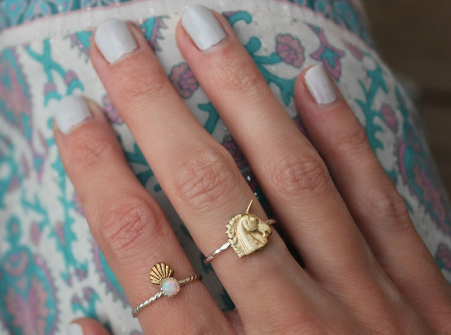 Silver stacking ring, Unicorn ring, Sterling silver stacking ring with brass unicorn