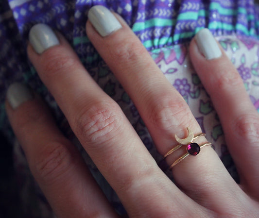 Gold filled and Garnet crescent moon ring set