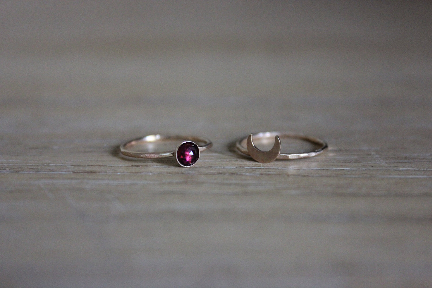 Gold filled and Garnet crescent moon ring set