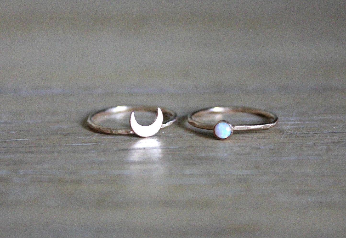 Gold filled crescent moon and opal ring set