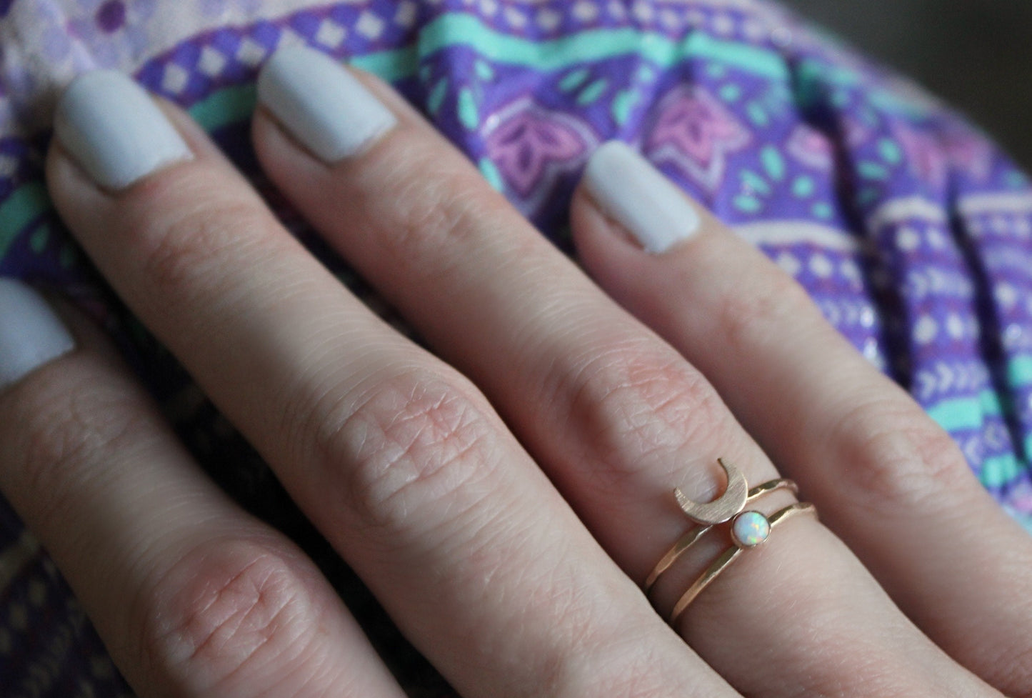 Gold filled crescent moon and opal ring set