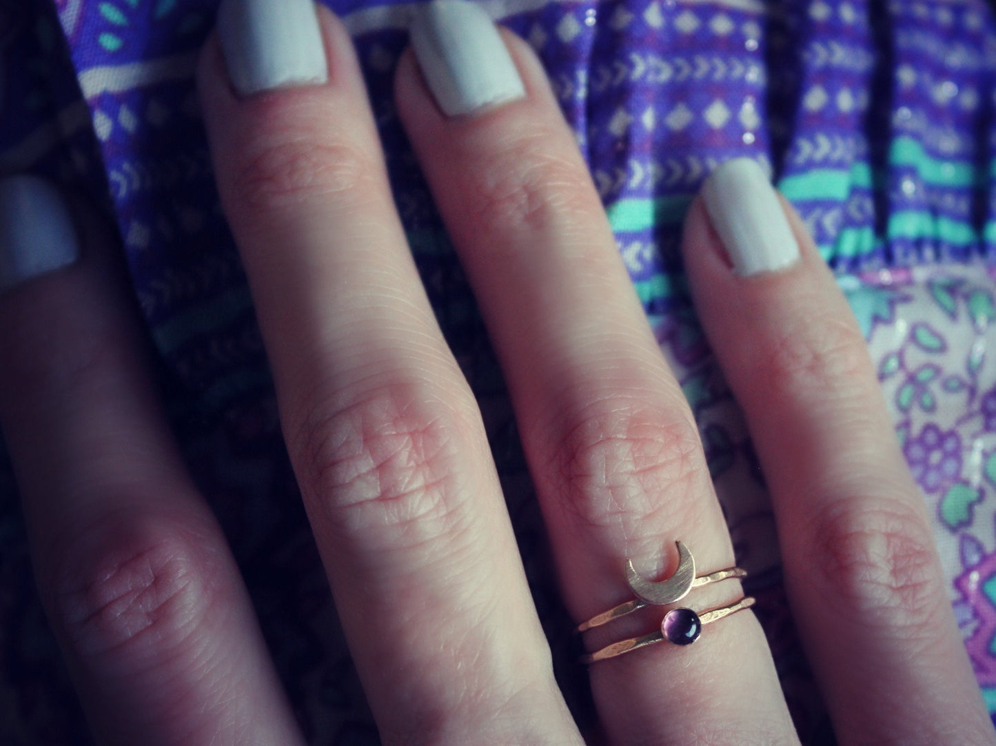 Gold filled and Amethyst Crescent moon ring set