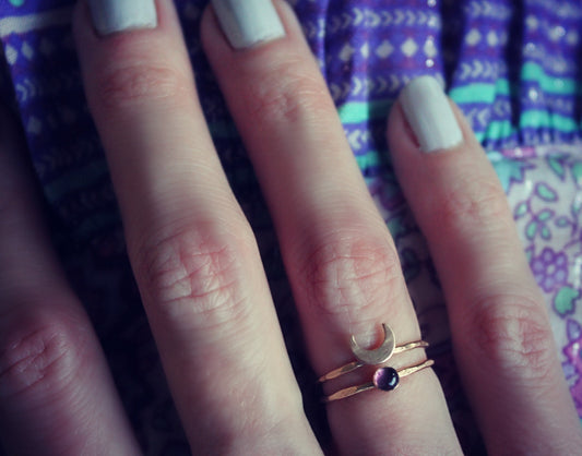 Gold filled and Amethyst Crescent moon ring set