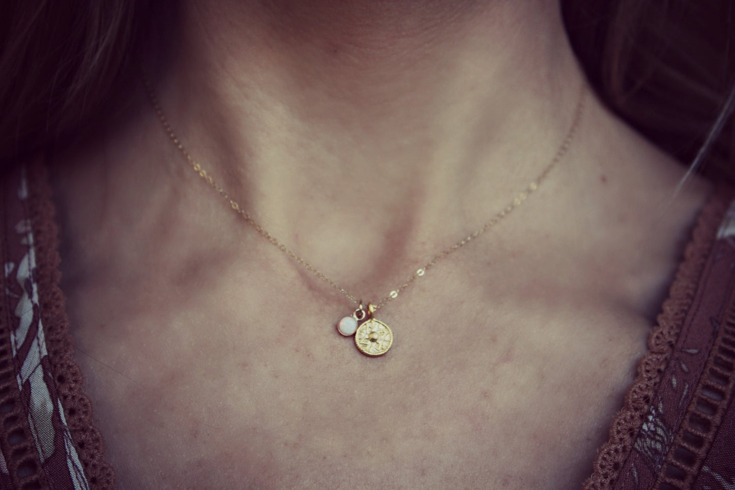 Gold coin necklace with opal charm