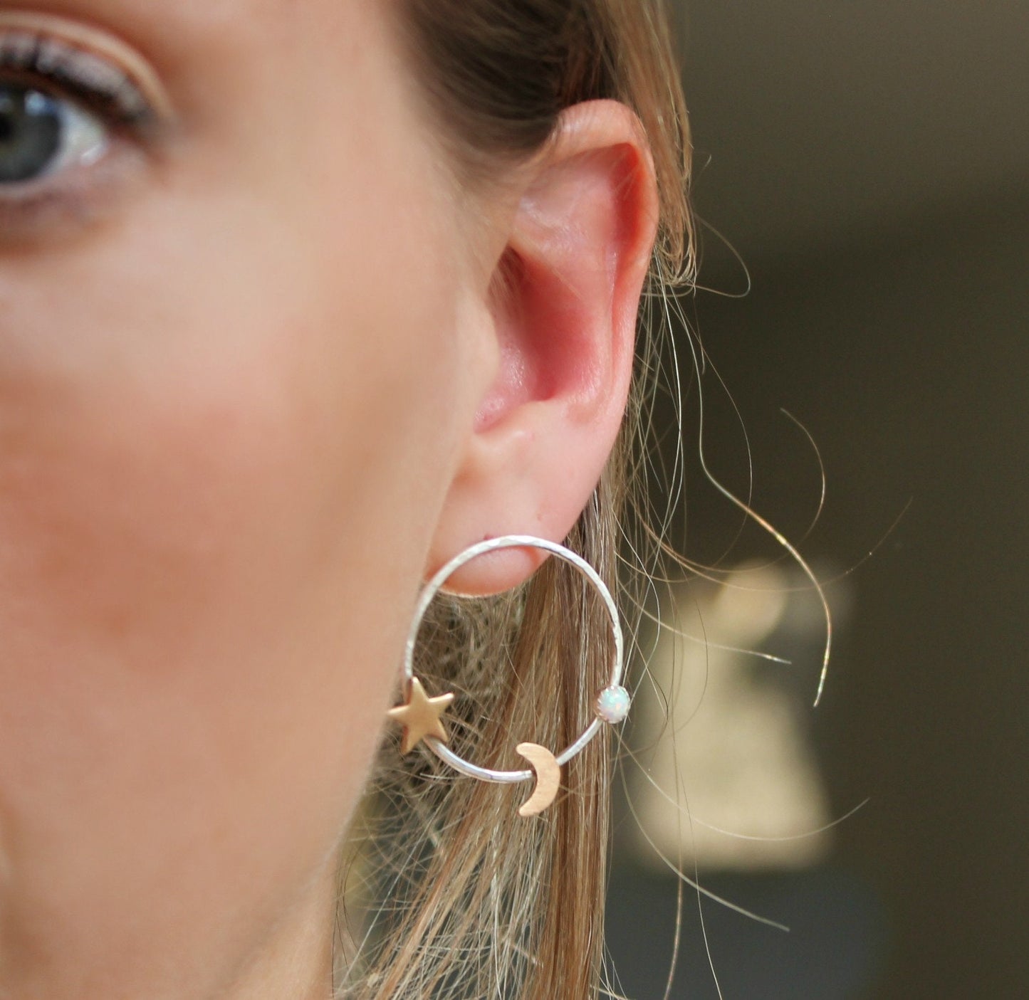 Silver crescent moon and star hoop earrings