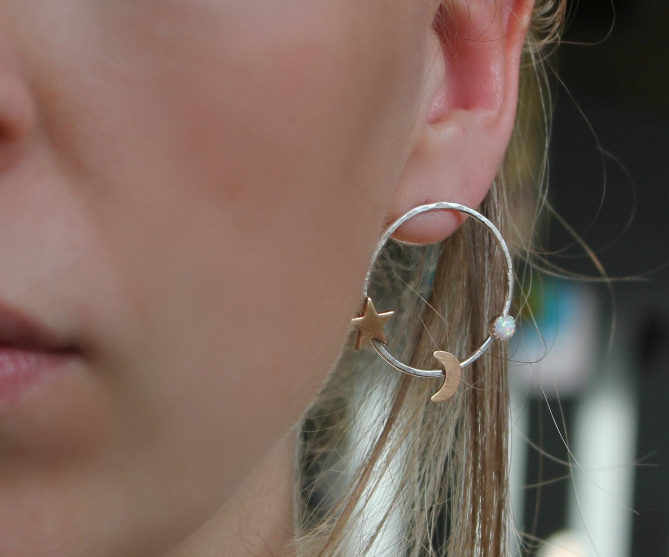 Silver crescent moon and star hoop earrings