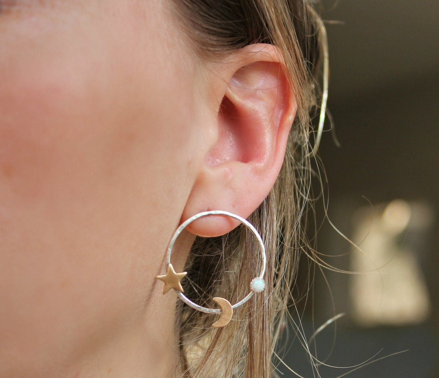 Silver crescent moon and star hoop earrings