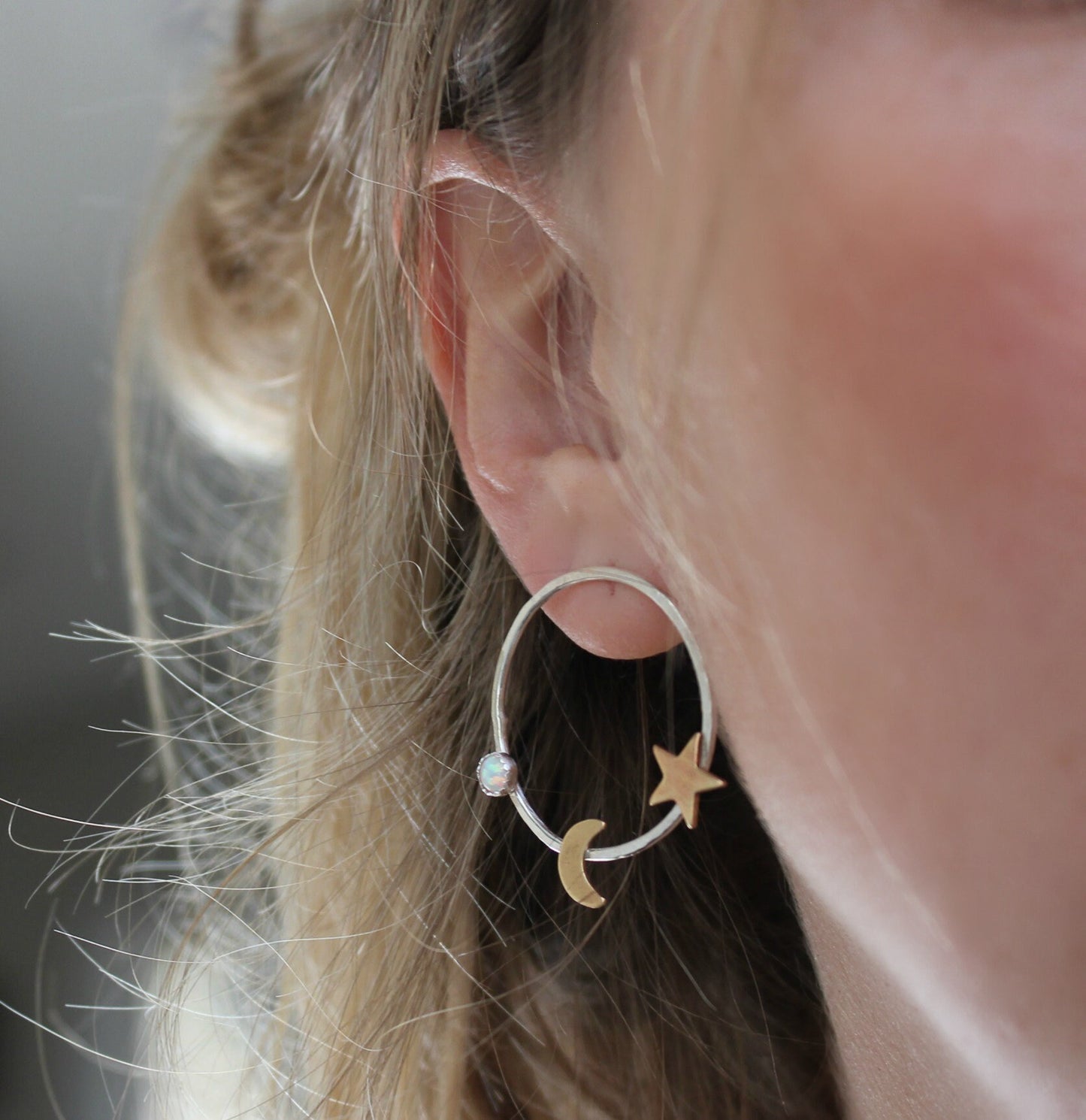 Silver crescent moon and star hoop earrings