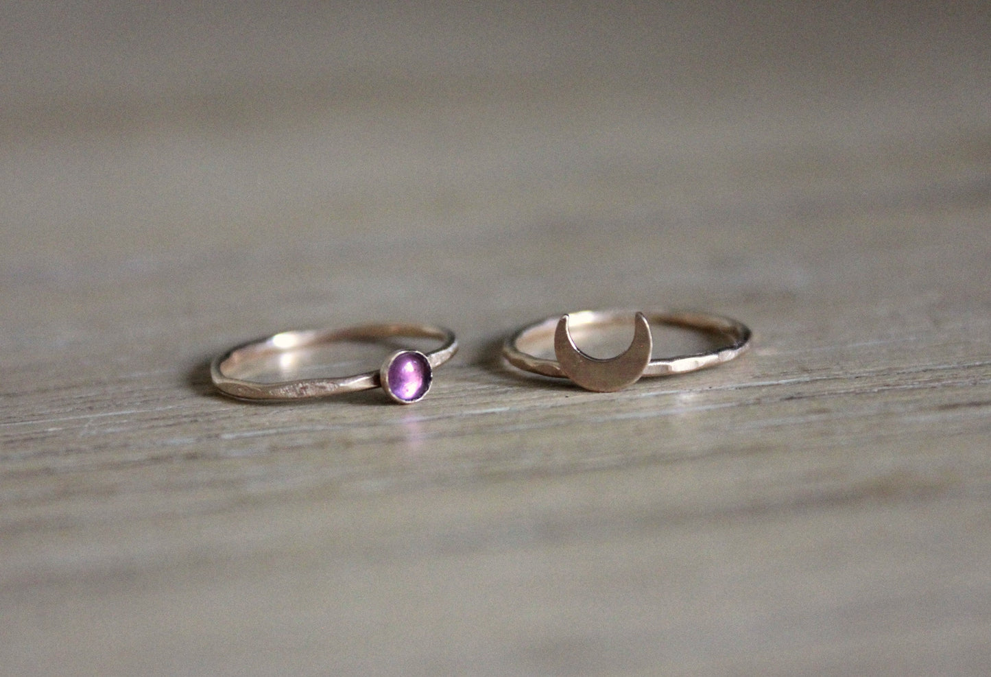 Gold filled and Amethyst Crescent moon ring set