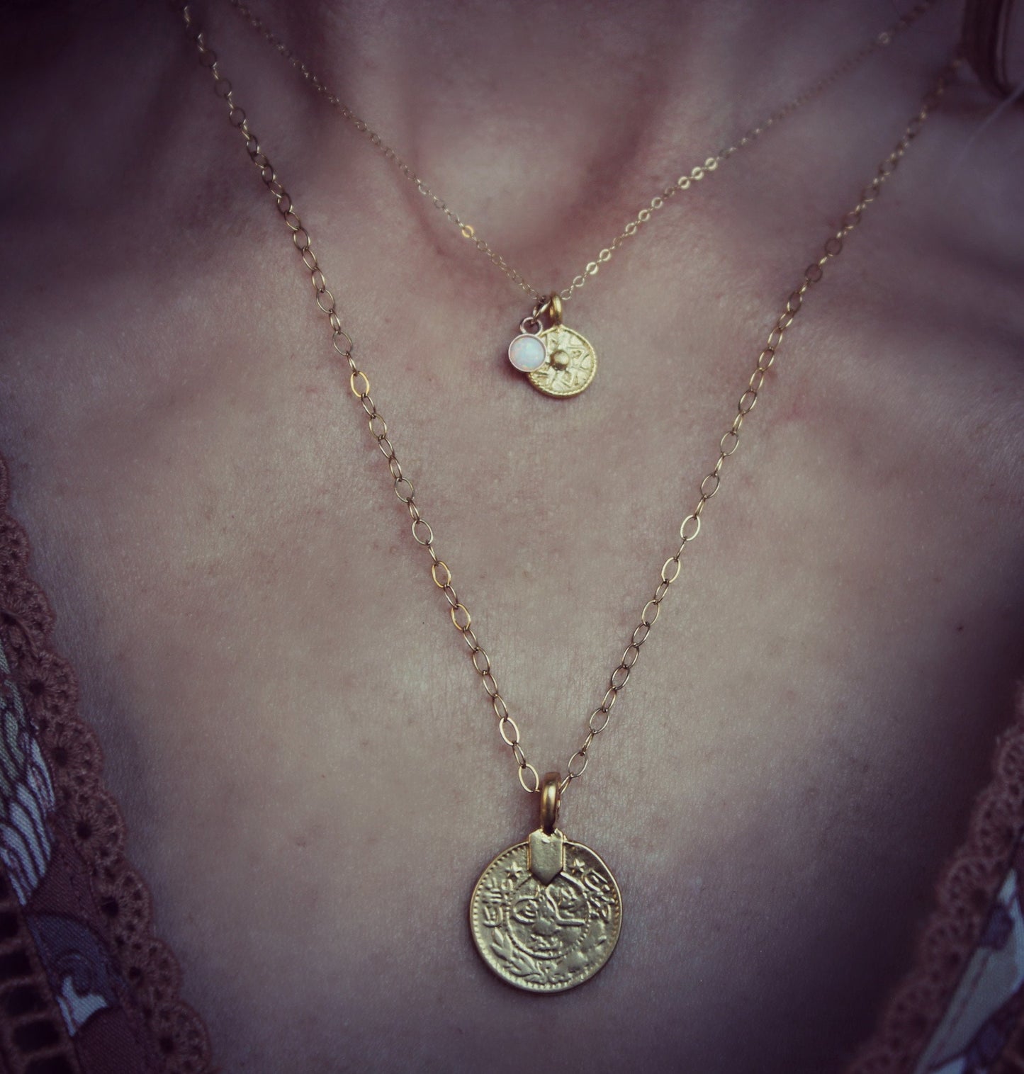 Gold coin necklace with opal charm