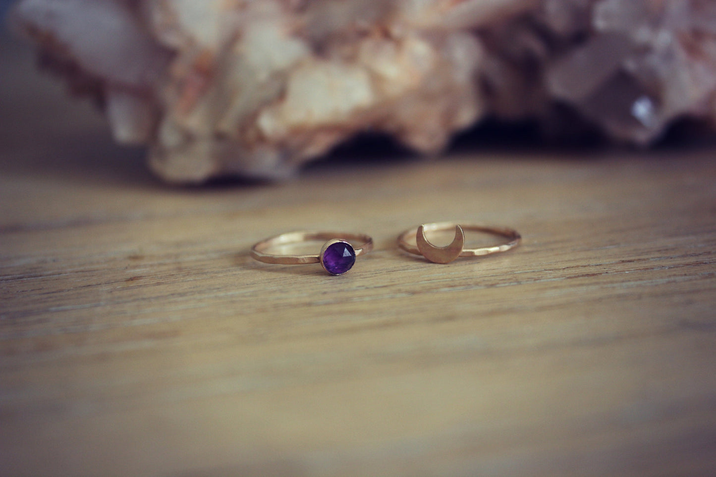Amethyst Crescent moon ring set