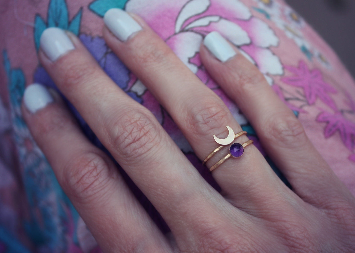 Amethyst Crescent moon ring set