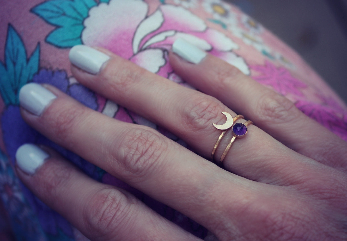 Amethyst Crescent moon ring set