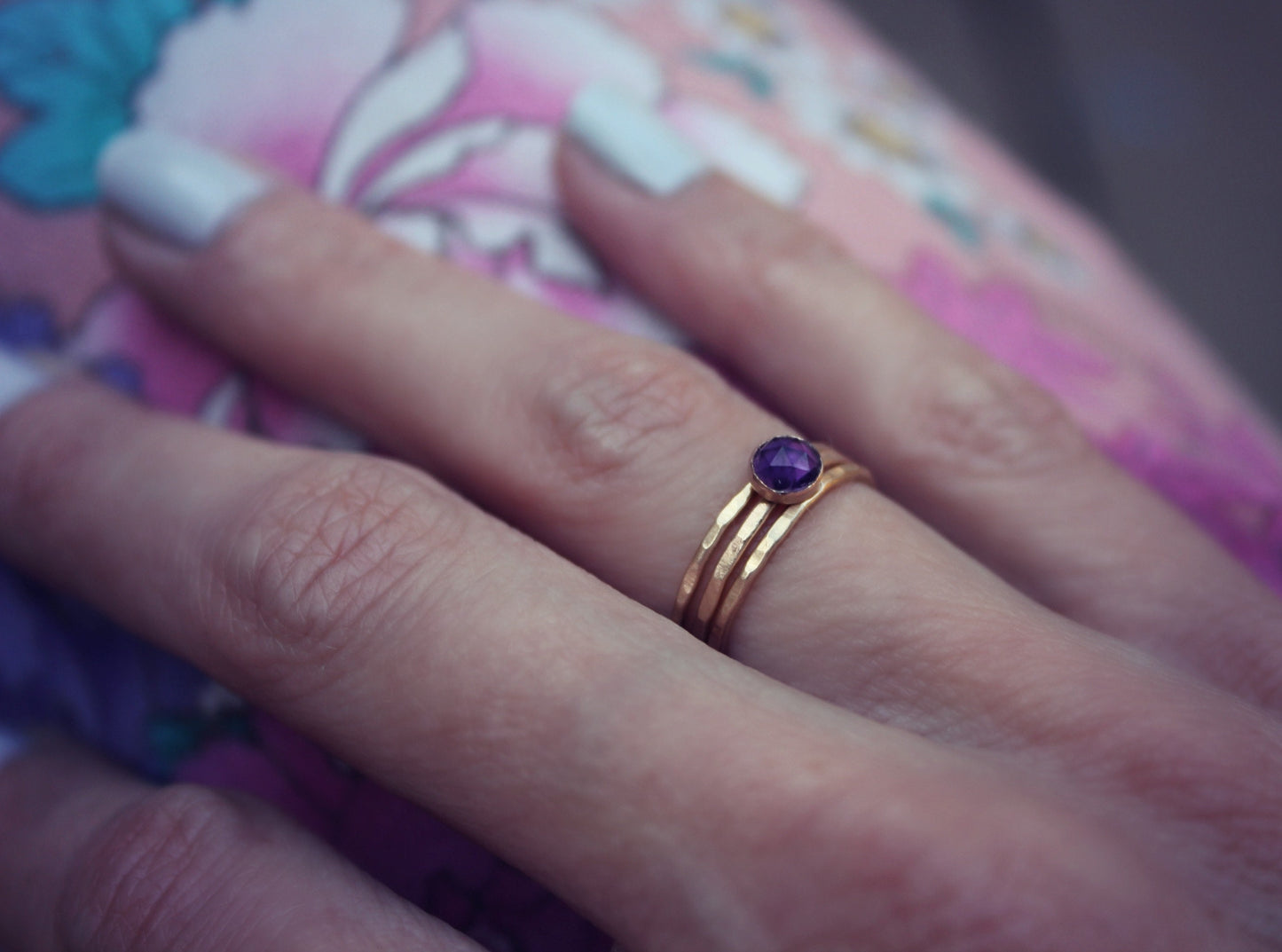 Gold filled amethyst stacking ring set - set of three rings